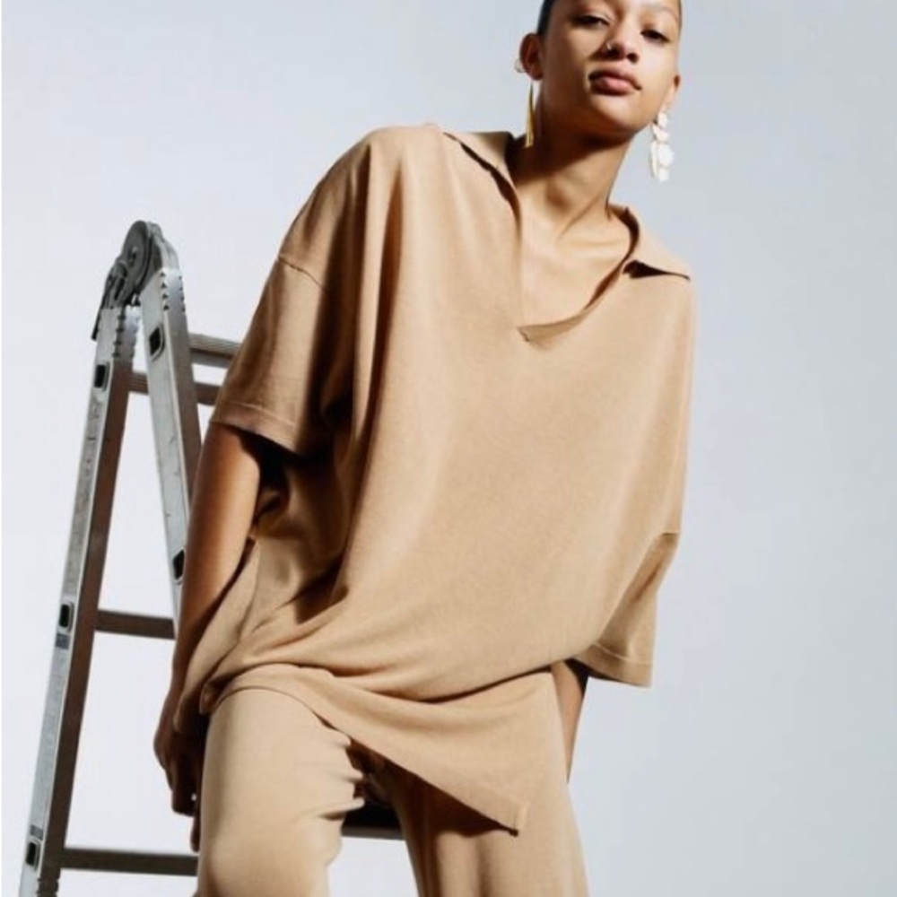 Zara camel oversized‎ knit polo top small.